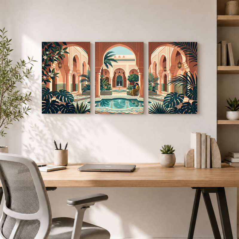 Ensemble de 3 toiles marocaines, cour marocaine avec fontaine et palmiers, 18"H x 12"W x 3pcs