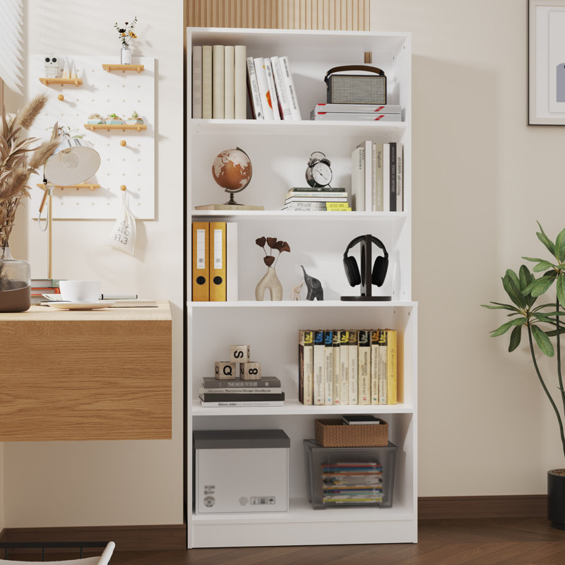 White 71" Tall 5-Tier Wood Bookshelf with Doors