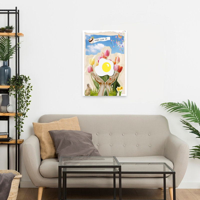 «Sunny Side Up Spring», impression colorée, fantaisiste, papillon, coccinelle, jonquille, printemps, art mural, 24" H x 16" W