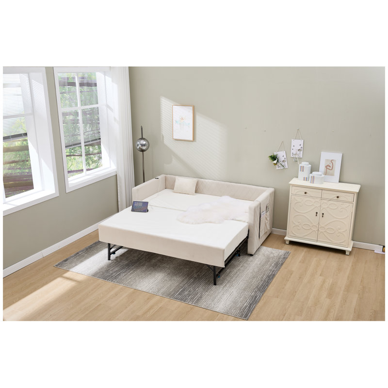 Twin Size Upholstered Daybed with Diamond Tufted Backrest, Beige Velvet Finish and Wooden Frame, Beige