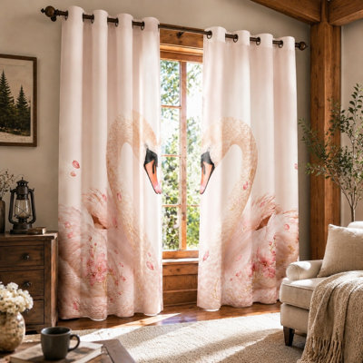 2Pcs rideaux bloquant le soleil avec motif de cygne élégant, rideau décoratif floral, anneau décoratif à imprimé animal, décoration moderne pour le salon, la chambre à coucher et le salon
