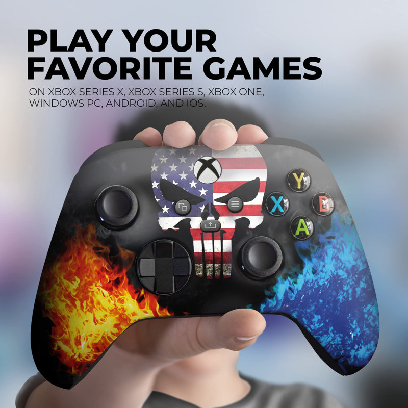 DreamController Americcan Warrior Skull est une télécommande sans fil compatible avec X-box One / Series X / S et est fièrement personnalisée aux États-Unis avec une impression permanente par HYDRO-DIP (PAS JUSTE UNE PEAU)