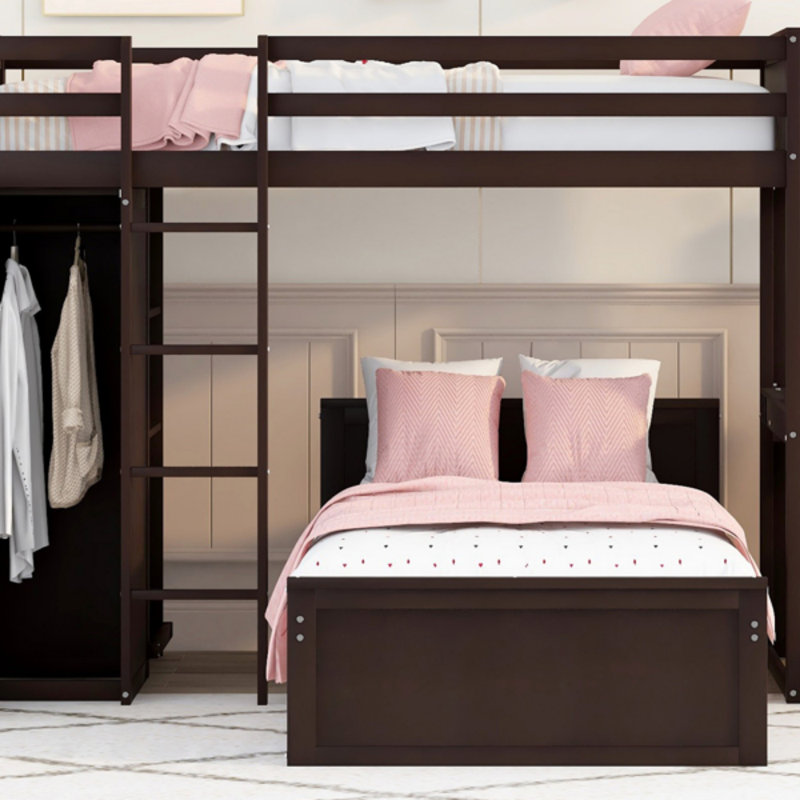 Lit mezzanine avec lit autonome, tablettes, bureau et garde-robe