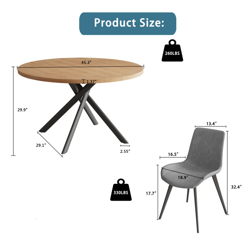 Table de salle à manger de cuisine moderne de 45,3 po l avec chaise de salle à manger h 32,4 po, Gris / Noir