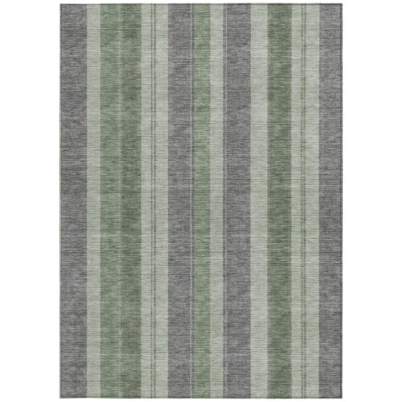 3' X 5' Green And Gray Striped Washable Indoor Outdoor Area Rug