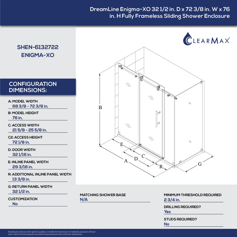 Enigma-XO 72.37" x 76" Sliding Shower Enclosure, Oil Rubbed Bronze