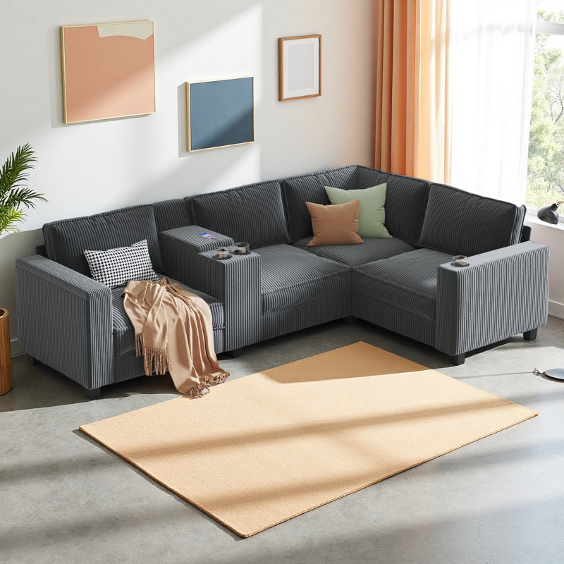 Canapé 4 places en L 105,5 po x 66,5 po en L en forme de L, grands accoudoirs de rangement avec console centrale, chargement USB, sièges gauche et droit pouvant être changés, 2 ensembles de 130