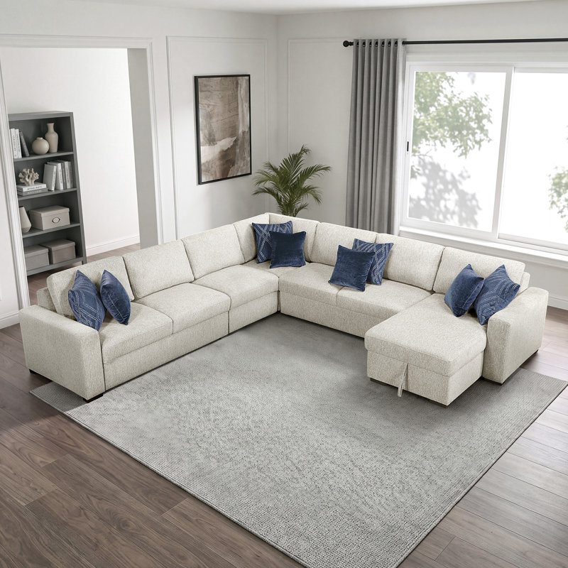 Canapé modulaire en microfibre 5 pièces 140 po avec méridienne convertible et réversible, rangement caché, dossier en mouvement clic