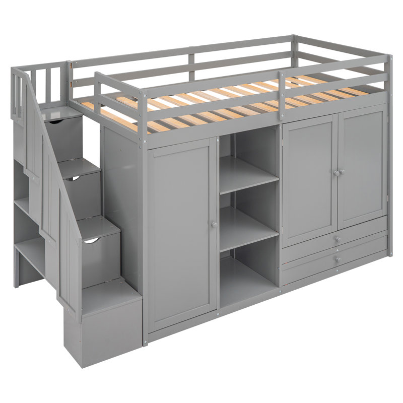 Functional Loft Bed With 3 Shelves, 2 Wardrobes And 2 Drawers,  Ladder With Storage, No Box Spring Needed, Grey, Grey