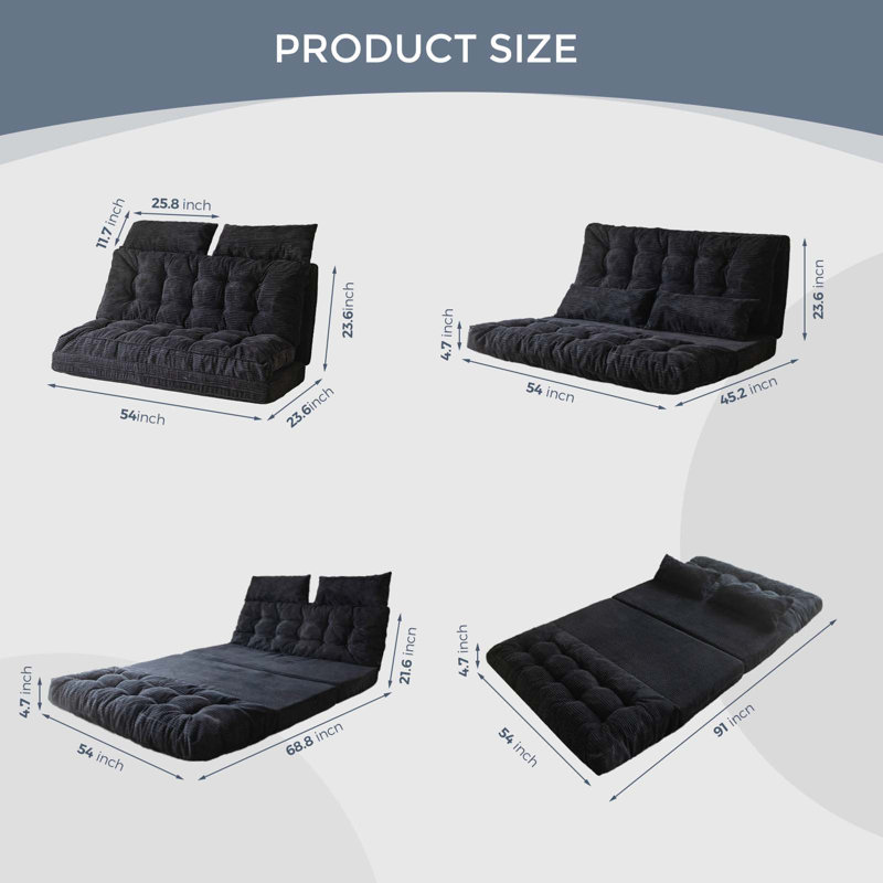 Canapé-lit Corduroy, H 4,7 po x l 54 po x P 91 po, Velours côtelé noir