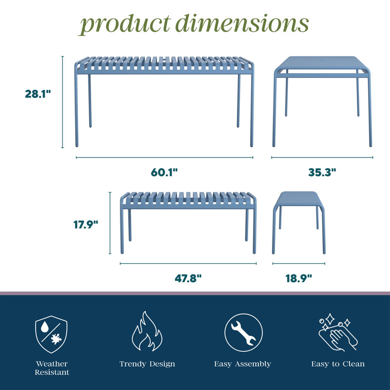 Ola 3-Piece Outdoor Table and Bench Set, French Blue