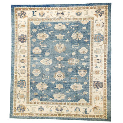 Vintage Handmade 13X15 Blue And Ivory Anatolian Turkish Oushak Distressed Area Rug
