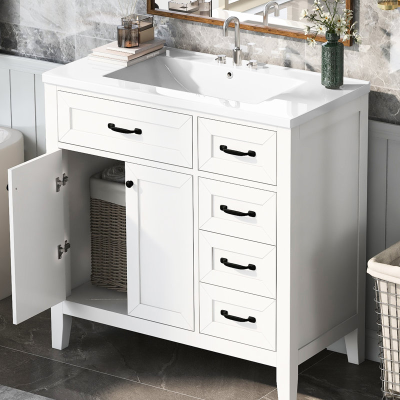 Meuble-lavabo autoportant blanc - 36 po avec lavabo en céramique, tiroirs, design moderne uni élégant, Blanc