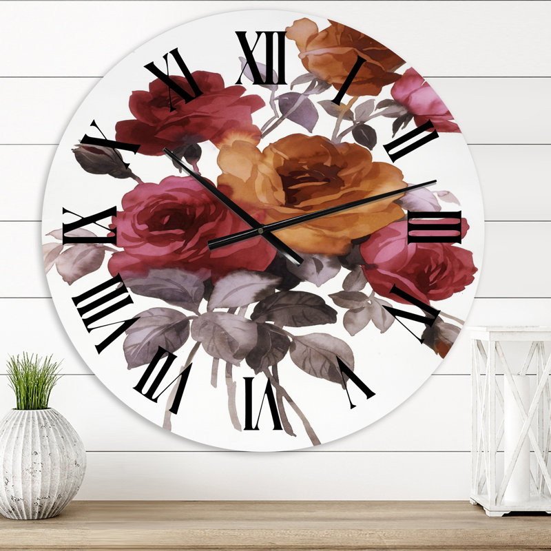 Orange rétro et roses rouges - horloge murale traditionnelle, Surdimensionné
