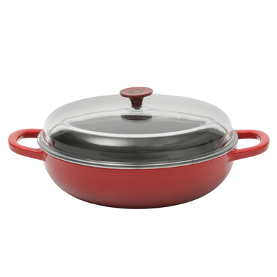 Crock Pot 5 Quart Enameled Cast Iron Multi-Use Everday Pan With Borosilicate Lid in Red