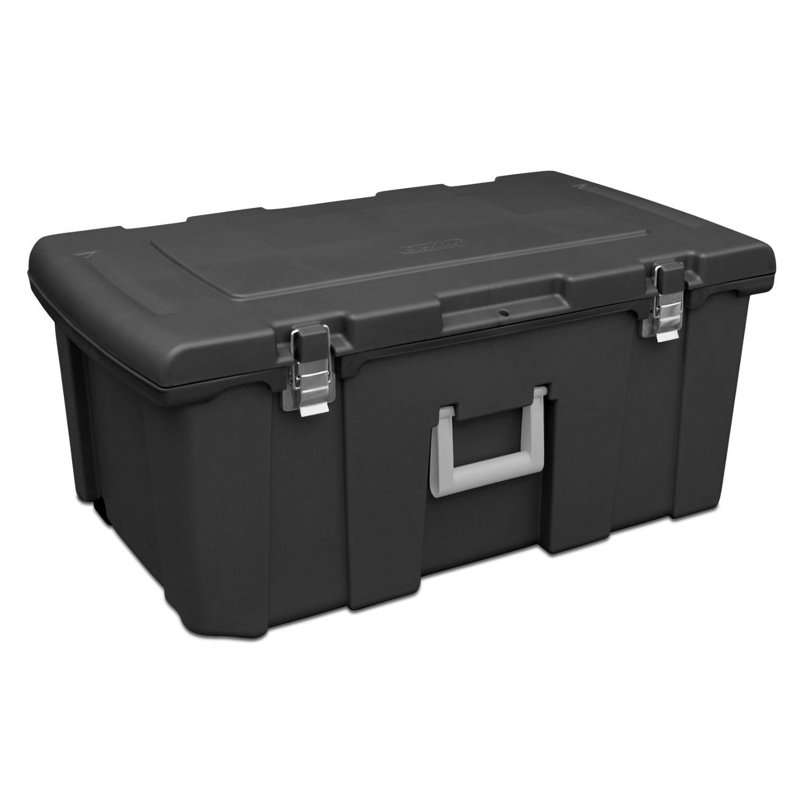 Sterilite Black 64 Quart Stackable Plastic Footlocker with Wheels