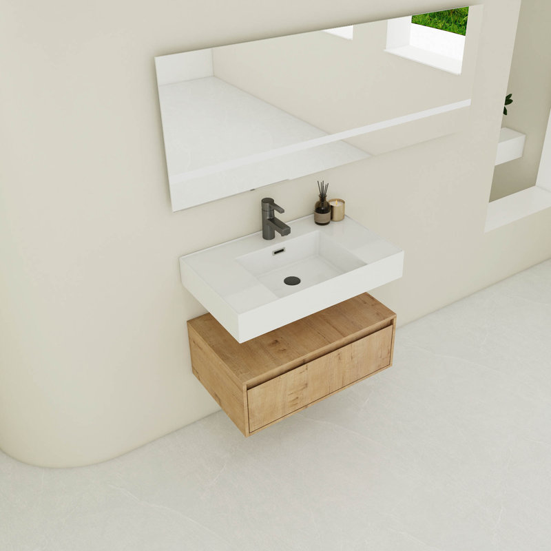 Meuble-lavabo mural 30 po avec lavabo en résine, tiroir à fermeture en douceur et fixation à flotteur