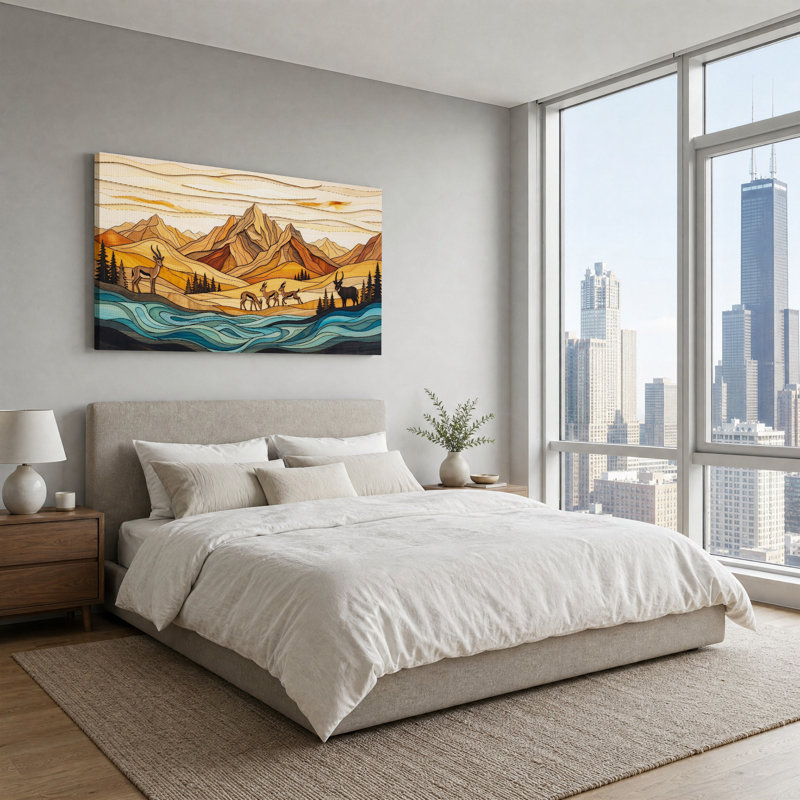 Antilopes près de la rivière Bleue dans des montagnes aux reliefs variés - Tableau sur toile, L 58 po x H 28 po