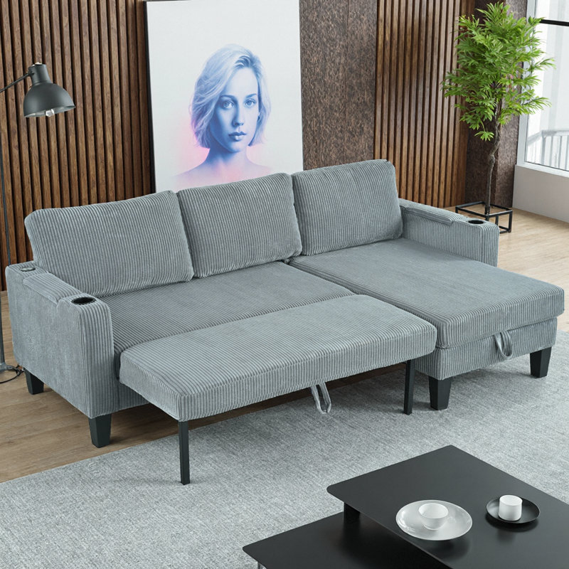 Canapé-lit modulaire réversible avec méridienne de rangement, ports USB et porte-gobelets, canapé-lit moderne en forme de L en velours côtelé pour salon et appartement