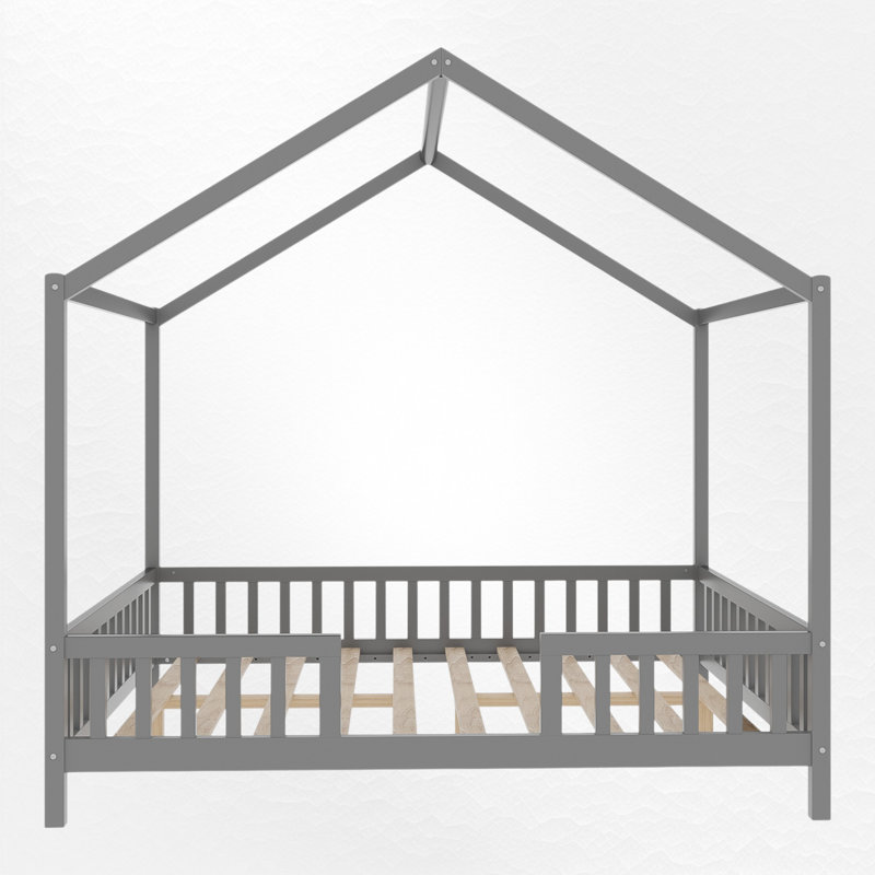 Wood Canopy Bed Floor House Bed With Fence, Full, Gray