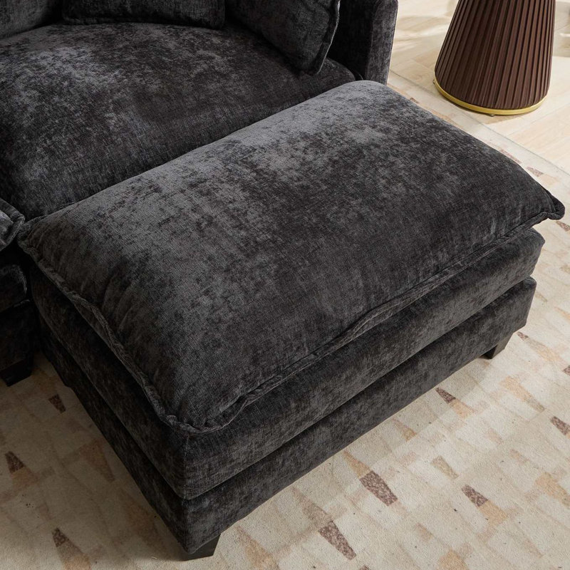 Fauteuil d'appoint surdimensionné en chenille de nuage avec repose-pieds Schmucker, Noir