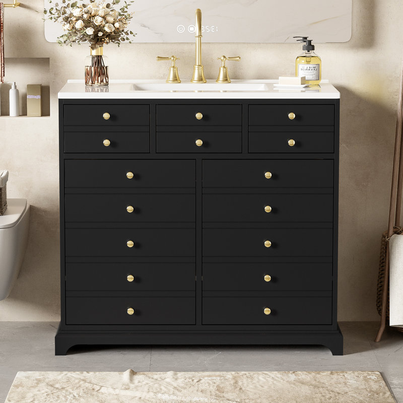 Ensemble de meuble-lavabo autoportant 36 po avec lavabo en céramique, 2 tiroirs et 2 armoires, Noir, noir, noir, noir