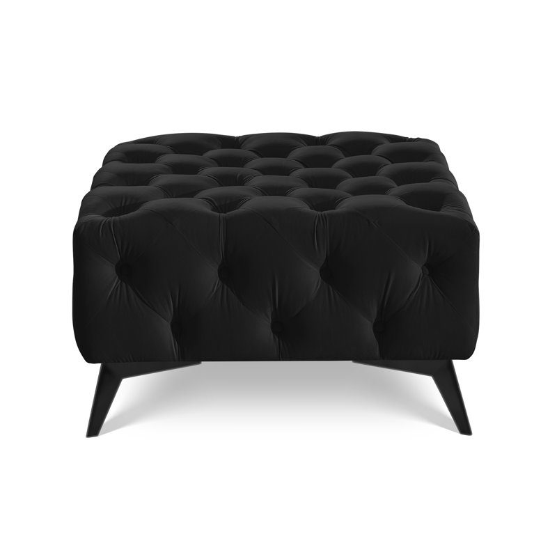 Whitby 80cm Wide Velvet Tufted Square No Pattern Footstool Ottoman, Black, Black