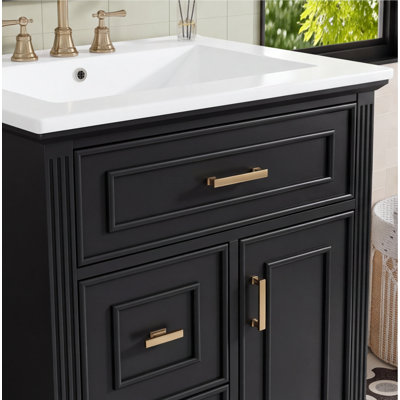 24-Inch Black Freestanding Bathroom Vanity with Ceramic Sink, Solid Wood & MDF Cabinet, Flip Drawer, Two Drawers, and Adjustable Shelf