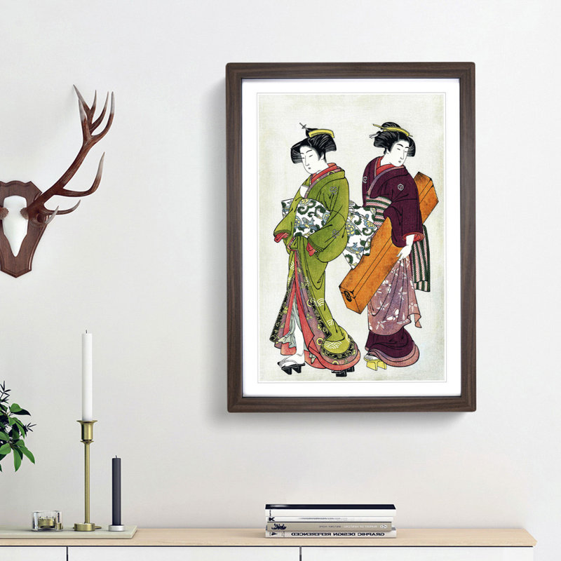 Geisha with a Maid by Kitao Shigemasa - Picture Frame Painting Print, 36cm H x 27cm W x 2cm D, Walnut Framed