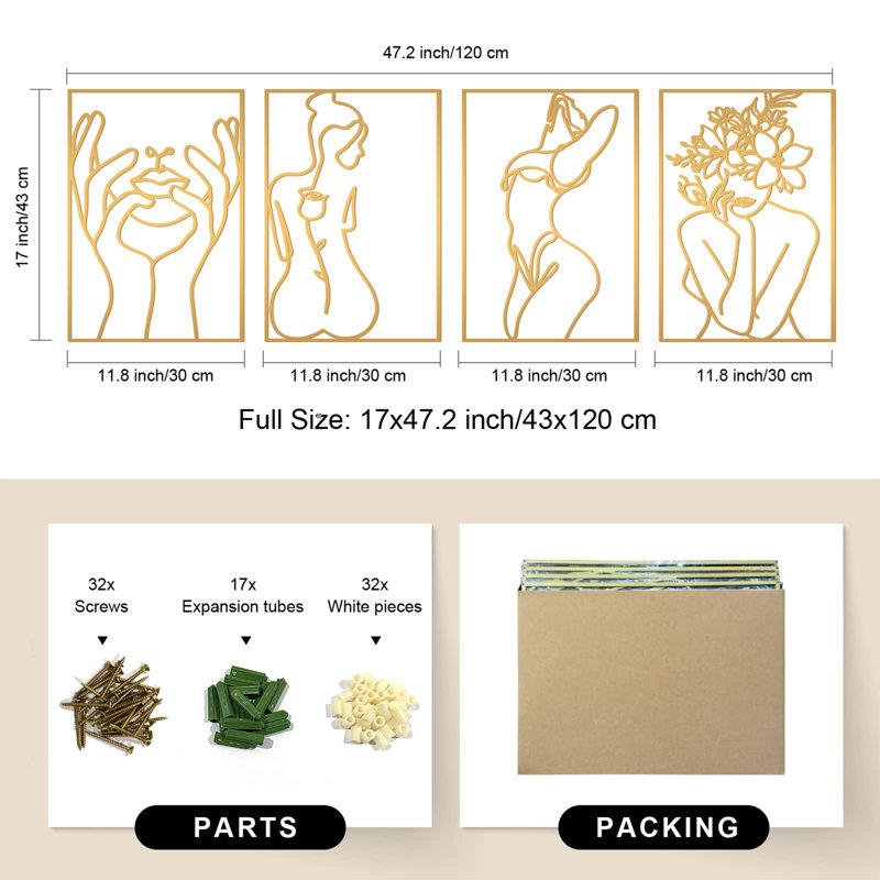 Ensemble de 4 décorations murales en or minimaliste, silhouette de femme abstraite en métal (17 po x 11,8 po)