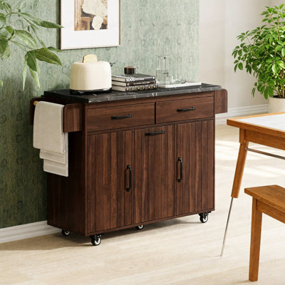 Îlot de cuisine avec armoire de rangement pour poubelle, chariot de cuisine avec abattant, support à épices, porte-serviettes et tiroir, îlot de cuisine sur roulettes avec tablette réglable, brun