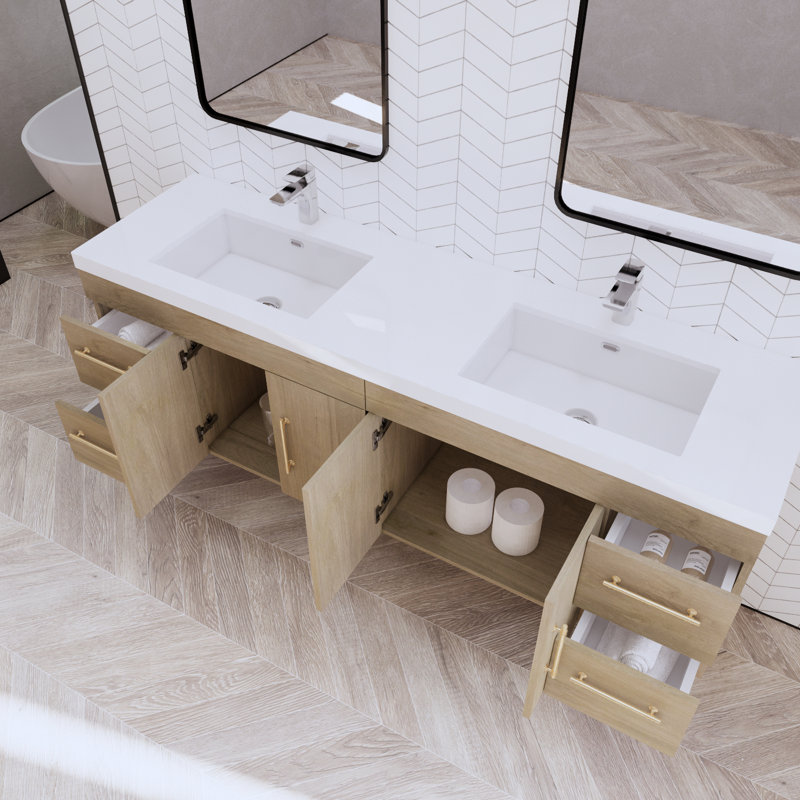 Ensemble de meuble-lavabo double mural 70,5 "Bensley, Chêne blanc