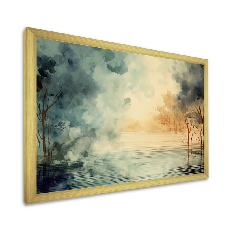Coucher de soleil sur le lac, reproduction d'art rétro sur toile, H 34 po x l 44 po x P 1,5 po, Cadre photo doré