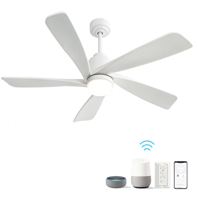 52 Inch Modern Ceiling Fan With Dimmable LED Light 5 Solid Wood Blades Remote Control Reversible DC Motor With Smart APP Control