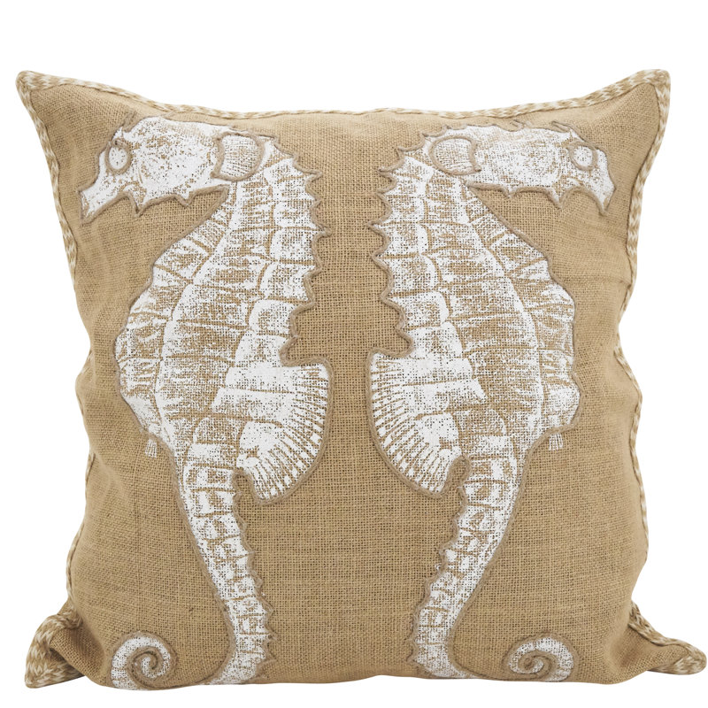 Beige Jute 20" Square Seahorse Throw Pillow