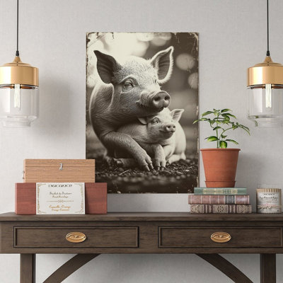 Canvas Wall Art Mom & Baby Pig, Cute Animal Family Wall Art 2-2 Vintage Poster Print Home Decor