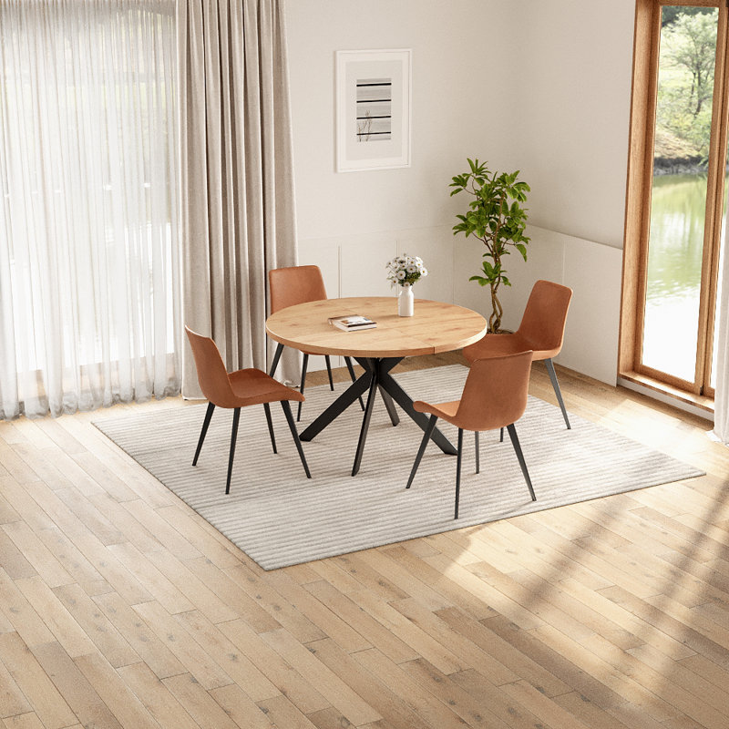 Judye 46.4" Round Table Metal Legs Dining Table Set with 4 Modern Chairs, Brown