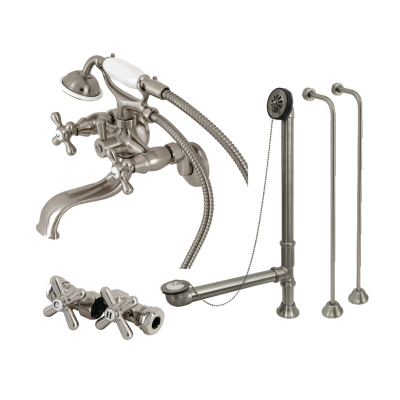 Kingston Brass Vintage Three-Handle 2-Hole Tub Wall Mount Clawfoot Tub Faucet Package with Supply Line, Hand Shower and Tub Drain