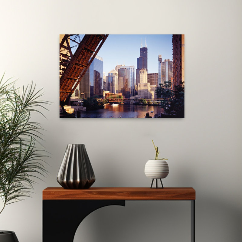 Skyscrapers in city seen from Kinzie Street Railroad Bridge Chicago River Chicago Cook County Illinois USA 1 Piece Wrapped Canvas Wall Art