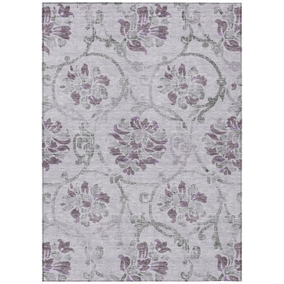 5' X 8' Lavender Purple And Grey Floral Washable Indoor Outdoor Area Rug