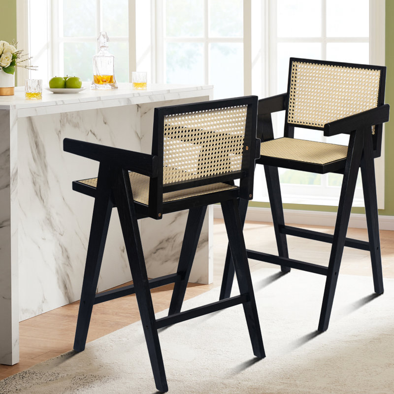 Ensemble de 2 chaises de salle à manger de style Mid-Century moderne en bois avec assise et dossier en rotin tissé, Noir