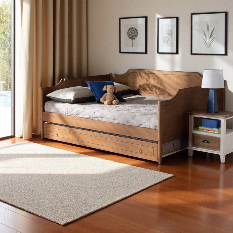 Lit de jour avec couchette en bois massif, Lit double, Brun