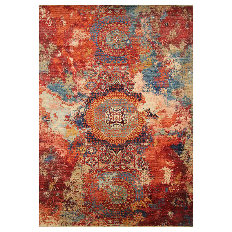 Tapis rouge / bleu / jaune noué à la main de haute qualité