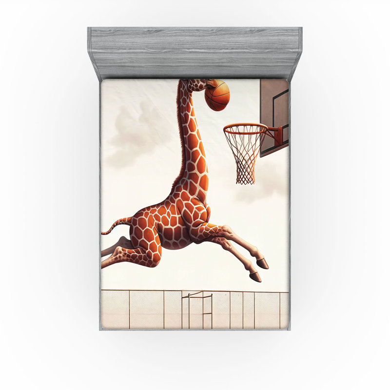 Drap-housse Ambesonne Basketball Humour Drôle de girafe Dunk Cannelle Blanc cassé, Grand