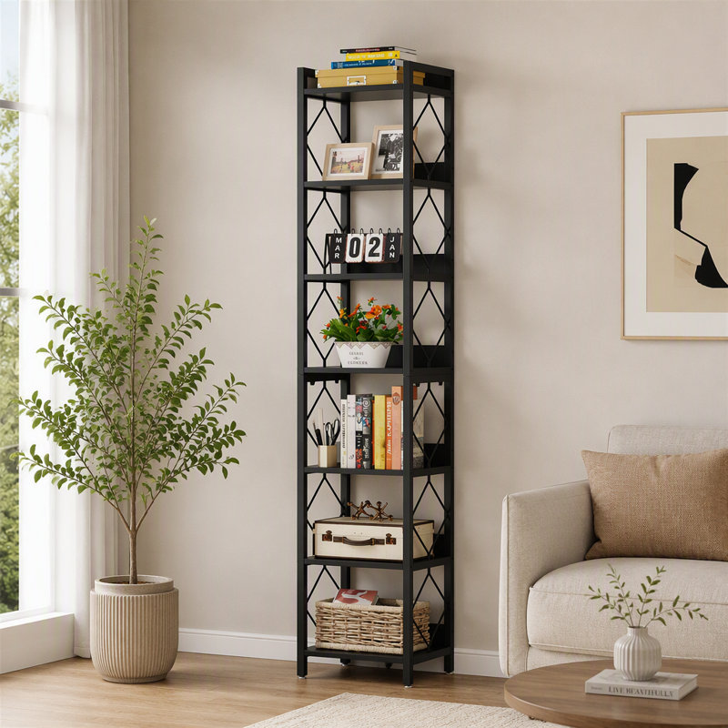 Bibliothèque d'angle à sept niveaux avec motif à losanges pour un rangement sûr et un gain de place vertical, Noir
