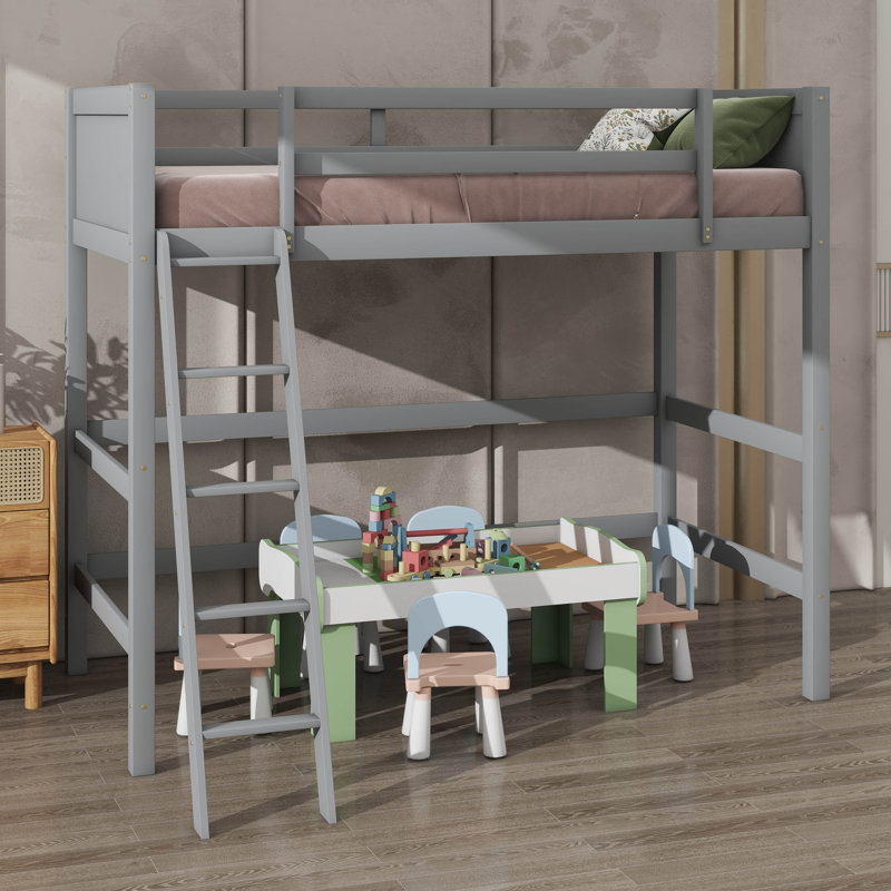 Lit mezzanine simple en bois avec échelle, Gris