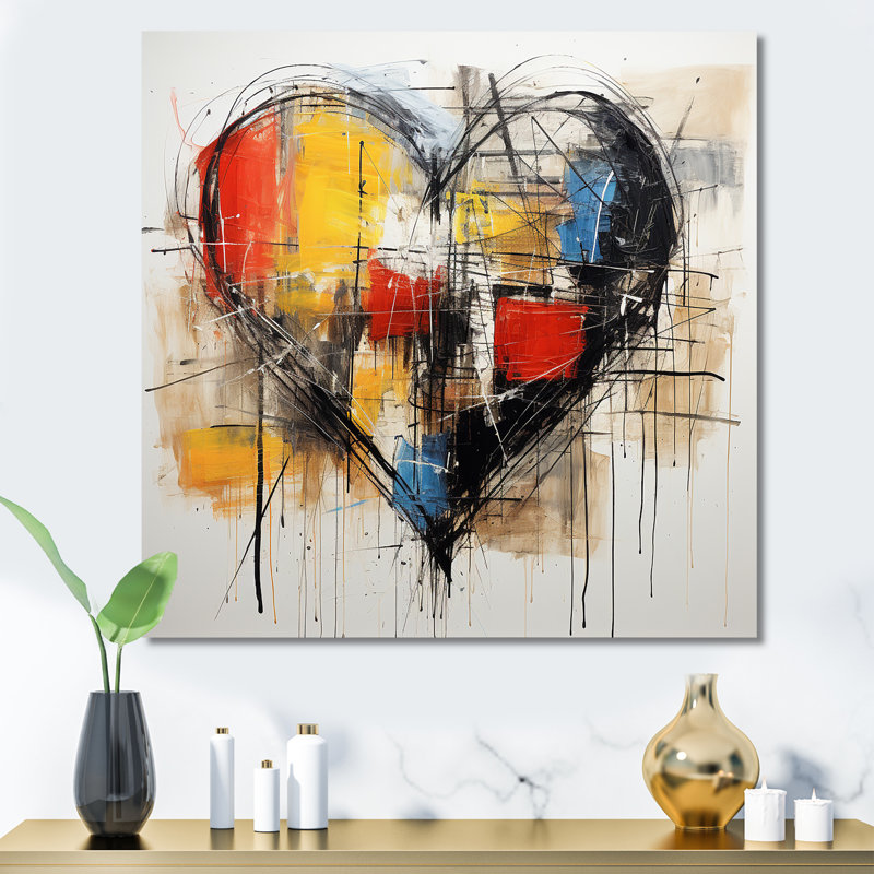 Pop Art Heart Abstract Collages - Art mural abstrait, Toile tendue, H 16 po x l 16 po x P 1 po