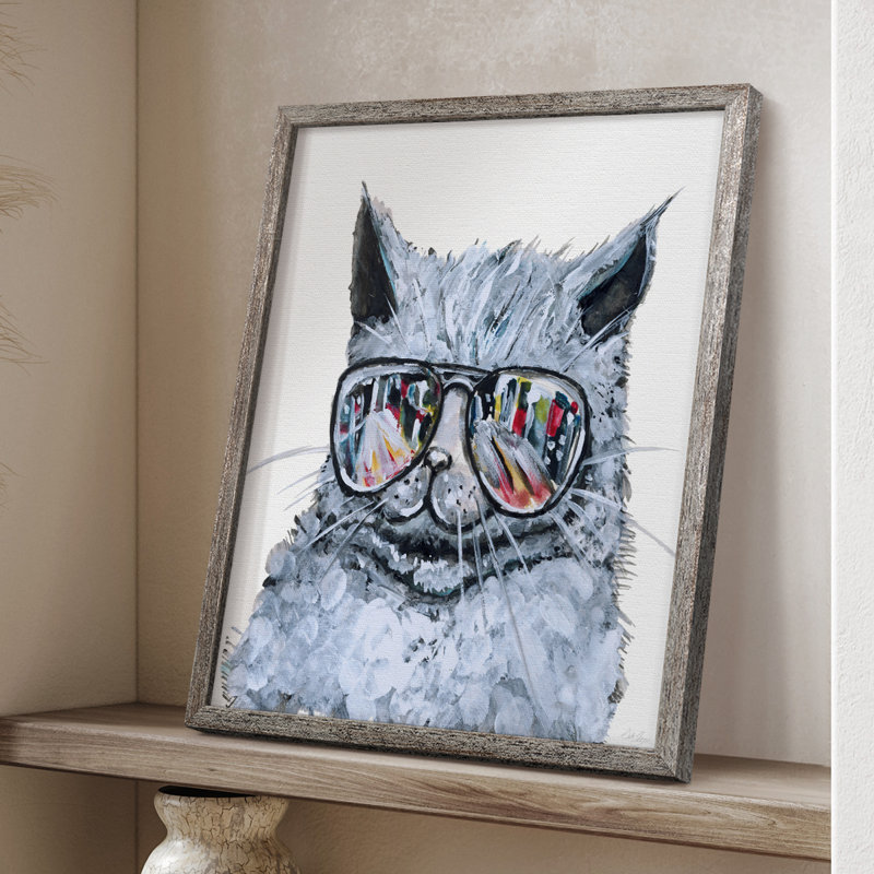 «Kitty with Shades», reproduction encadrée - bois massif, H 21 po x l 17 po