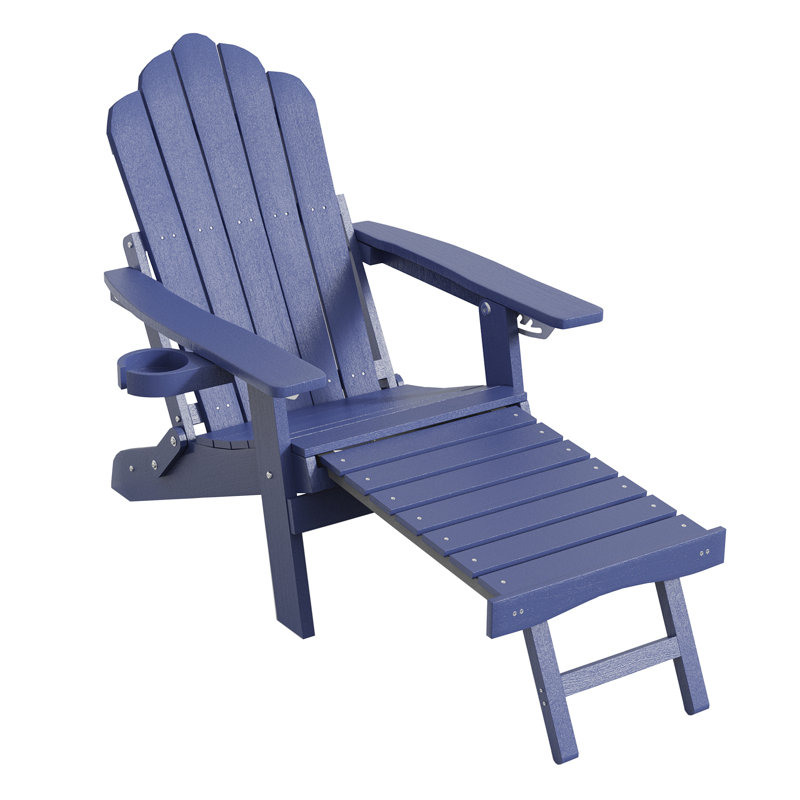Folding Adirondack Chair with Cup Holders, Fire Pit Chair with Retractable Ottoman, Multifunctional HIPS Chair for Patio