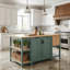 Îlot de cuisine, table de préparation en bois avec tiroirs de rangement, armoires et étagères ouvertes-956772681